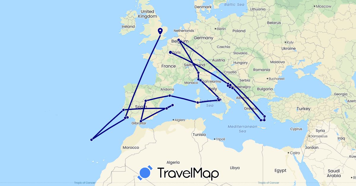 TravelMap itinerary: driving in Belgium, Spain, France, United Kingdom, Greece, Croatia, Italy, Portugal (Europe)